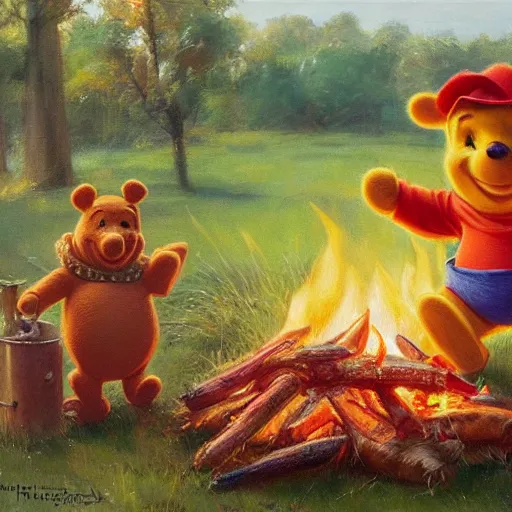 Image similar to close up of winnie the pooh cooking a whole hog roast over a fire, cinematographic shot, by daniel f. gerhartz