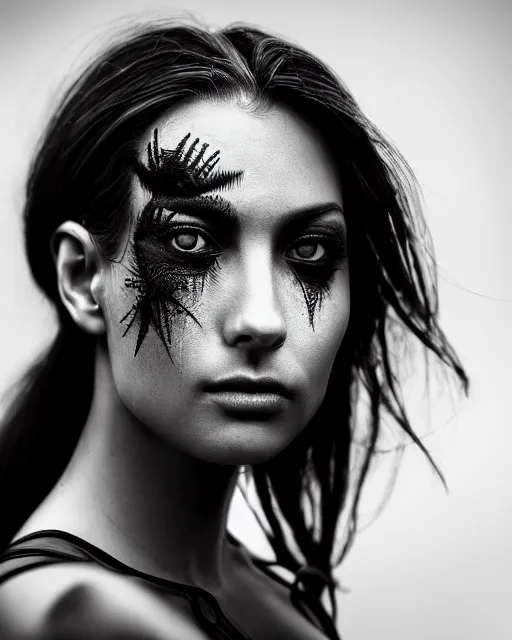 Image similar to a profile portrait, a stunning young woman - crow - cyborg, editorial photography, bw, shot on 7 0 mm, depth of field, f / 2. 8, high contrast, 1 6 k, volumetric lighting, shiny, insanely detailed and intricate, hypermaximalist, elegant, ornate, hyper realistic, super detailed