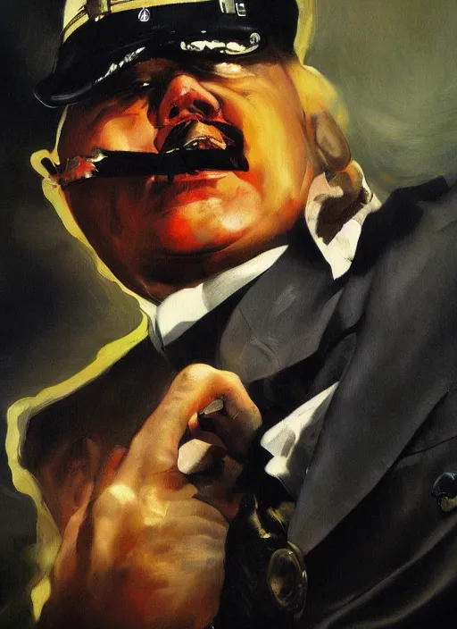 Image similar to hitler, suicide, crying, muzzle flash, funny painting by phil hale, fransico goya,'action lines '!!!, graphic style, visible brushstrokes, motion blur, blurry, visible paint texture, crisp hd image