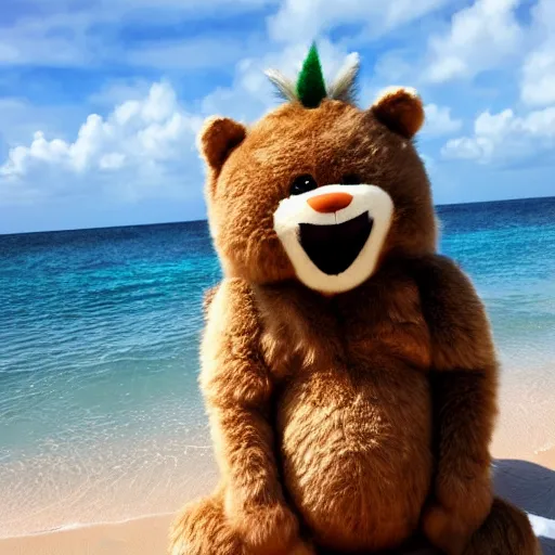 Image similar to an adorable fierce furry monster with long floppy rabbit ears chubby bear body and wolf legs, Smiling at the camera with a mischievous grin, happy lighting, at a tropical beach