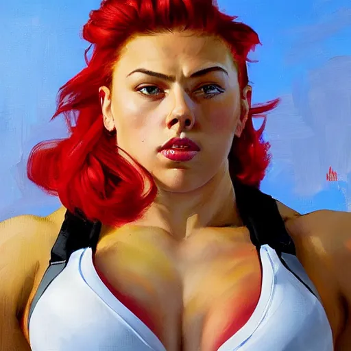 Image similar to greg manchess portrait of thick muscular weightlifter zarya from overwatch with ponytail and red hair played by scarlett johansson, medium shot, asymmetrical, profile picture, organic painting, sunny day, matte painting, bold shapes, hard edges, street art, trending on artstation, by huang guangjian and gil elvgren and sachin teng