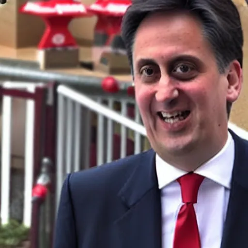 Prompt: Labour Leader Ed Miliband feeling a sandwich with his forehead. Unpleasant aroma, sour face. Photo courtesy of BBC