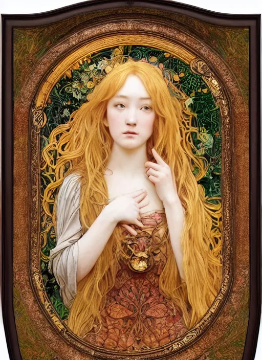 Image similar to masterpiece beautiful seductive flowing curves preraphaelite face portrait photography, extreme close up shot, straight bangs, thick set features, yellow ochre ornate medieval dress, miho hirano, amongst foliage mushroom forest circle arch, william morris and kilian eng and mucha, framed, 4 k