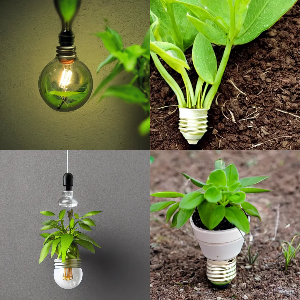 Prompt: a lightbulb surrounding some plants