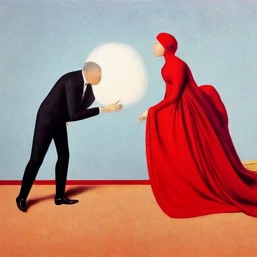 Prompt: a woman in a red dress kissing a man in a suit with both of them having a blanket completely covering their heads, rene magritte style