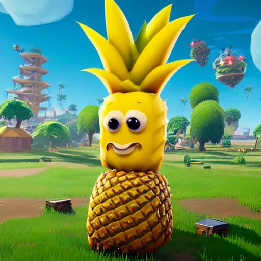 Prompt: anthropomorphic pineapple filled with beans, the bean - filled anthropomorphic pineapple is playing the video game fortnite, there are beans on the ground next to the pineapple