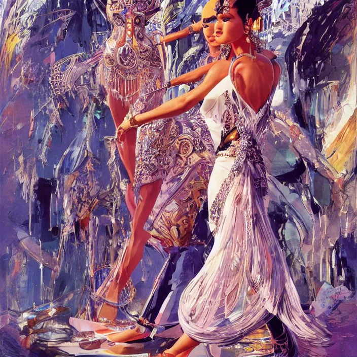 Prompt: cambodian princess, full body, high fashion, futurism, aerodynamic, flowing, intricate, ornate, highly detailed, digital painting, vogue, concept art, smooth, sharp focus, hd, art by syd mead and john berkey and annie leibovitz