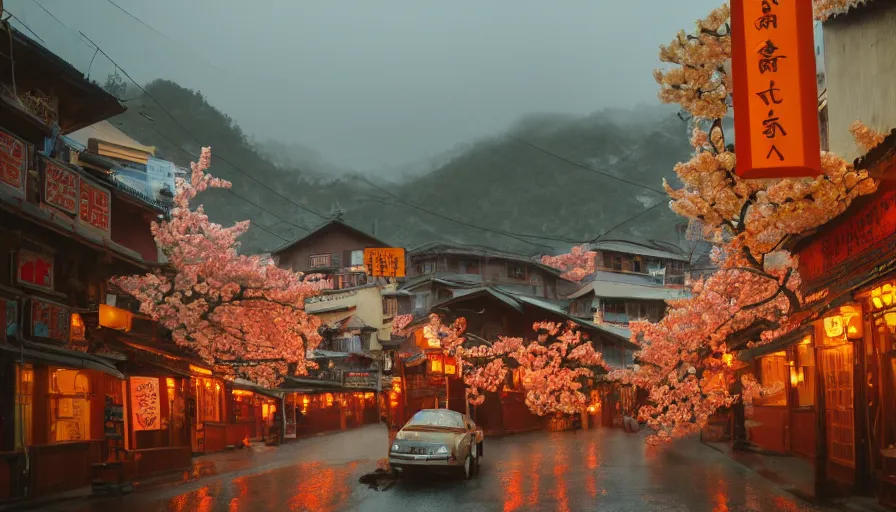 Prompt: a Wes Anderson 35mm film still of a very surreal magic small mountain town, like Jiufen, golden hour, falling cherry blossom pedals, in the style of Gucci, James Jean color palette, glowing warm lights and floating lanterns, foggy atmosphere, rainy, moody, muted colors, magic details, high detail, high resolution, 8k, cinematic look, octane render, psychedelic,