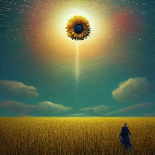 Image similar to giant daisy flower as a head, girl walking in wheat field, hills, surreal photography, moon light, dark night, star trails, dramatic light, impressionist painting, clouds, digital painting, artstation, simon stalenhag