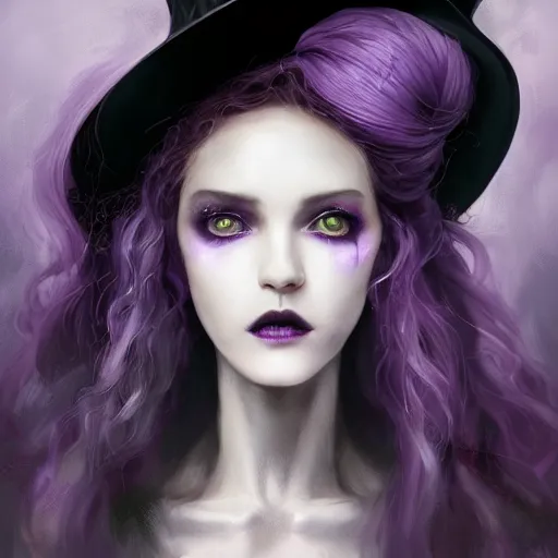 Prompt: an insanely detailed close up portrait of a beautiful witch with haunting purple eyes, she stands in an smoky alchemy lab, long purple hair, tightly fitting black ornate dress and black witch hat, in the style of peter mohrbacher, artgerm, dramatic lighting and composition, octane render, trending on artstation, concept art 8 k