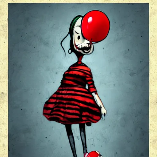 Image similar to surrealism grunge cartoon portrait sketch of billie eilish with a wide smile and a red balloon by - michael karcz, loony toons style, dr seuss style, horror theme, detailed, elegant, intricate