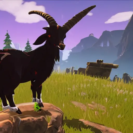 Image similar to an anthropomorphic black goat in breath of the wild, screenshot