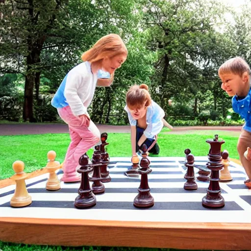 Prompt: children on a giant chessboard