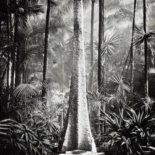 Image similar to lost film footage of a sacred totem, tropical forest, film still, cinematic, out of focus, enhanced, 1 9 2 0 s, black and white, grain