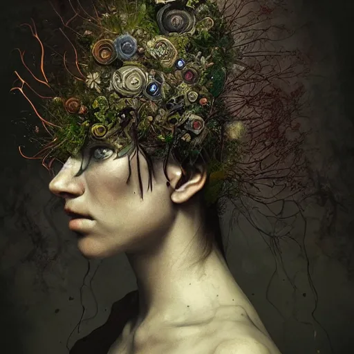 Image similar to Very very very very highly detailed epic portrait of someone with garden inside head by Brooke Shaden, intricate, dystopian, sci-fi, extremely detailed, digital painting, artstation, concept art, smooth, sharp focus, illustration, intimidating lighting, incredible art,