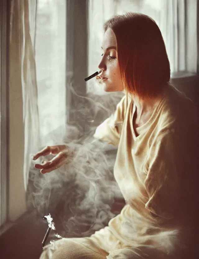 Prompt: woman at home smoking a cigarette and looking in a window, cozy, room plants, low angle view, golden hour, bleach bypass, warm tones, digital 2 d, polaroid, high - key lighting, by lisa yuskavage, by serov valentin, by krenz cushart