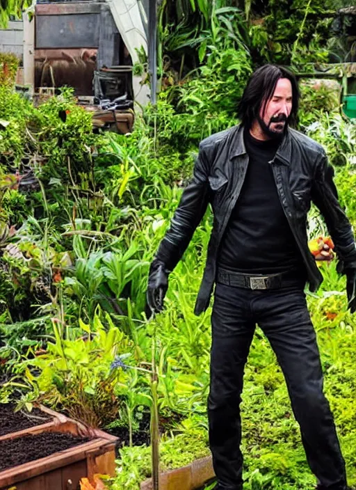 Prompt: keanu reeves as johnny silverhand working in a garden, wake up samurai, solarpunk, lots of plants, gardening, permaculture, cyberpunk 2 0 7 7, anarchy, realistic, ultra detailed