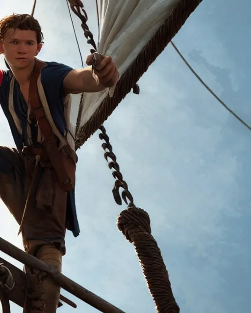 Image similar to tom holland as a pirate, standing on the mast, realistic shaded lighting poster by greg rutkowski, cinematic lighting, sharp focus, highly detailed attributes and atmosphere