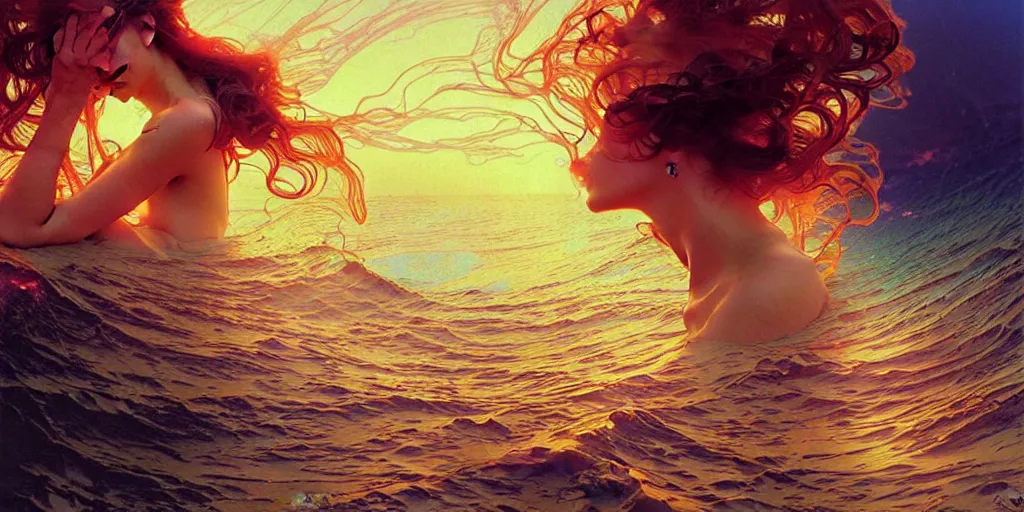 Image similar to mind bending ocean waves of glossy liquid honey drops flowing like psychedelic translucent amber, lsd waves, lsd ripples, backlit, sunset, refracted lighting, art by collier, albert aublet, krenz cushart, artem demura, alphonse mucha