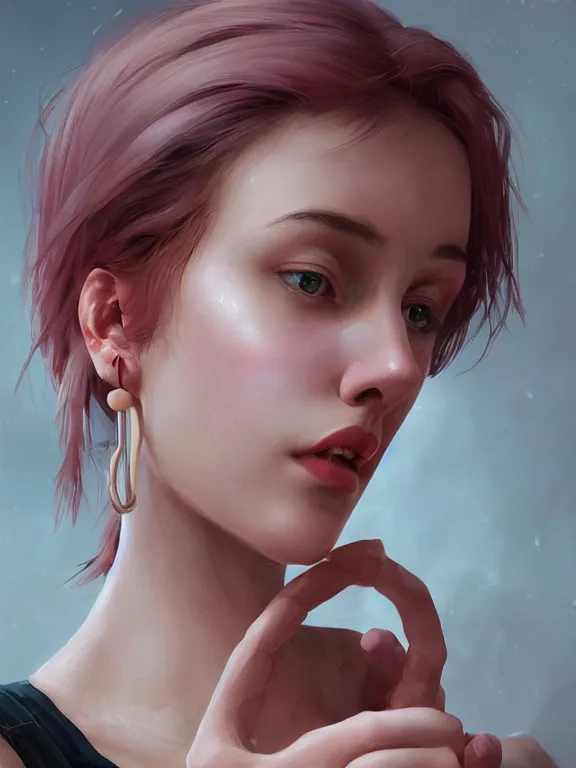 Image similar to beautiful russian girl with short pink hair and nose piercing, wearing airpods, thin round earrings, winds of winter, au naturel, hyper detailed, digital art, trending in artstation, cinematic lighting, studio quality, smooth render, octane rendered, concept art, sharp focus, illustration, art by artgerm and greg rutkowski and wlop