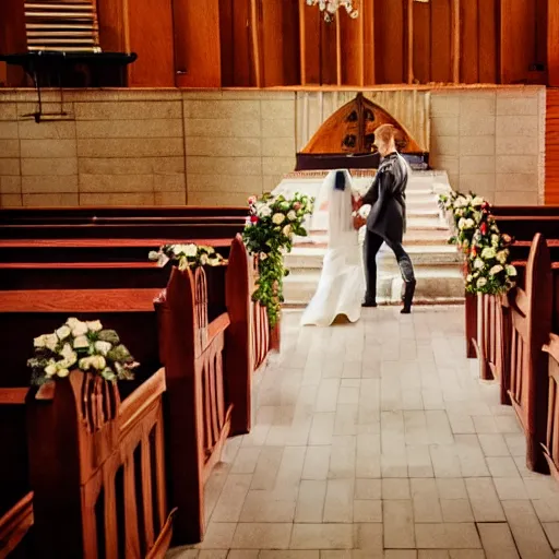 Image similar to a rhinoceros wearing a tiny suit in a wedding chapel, photo realistic, detailed, cinematic lighting, kodachrome