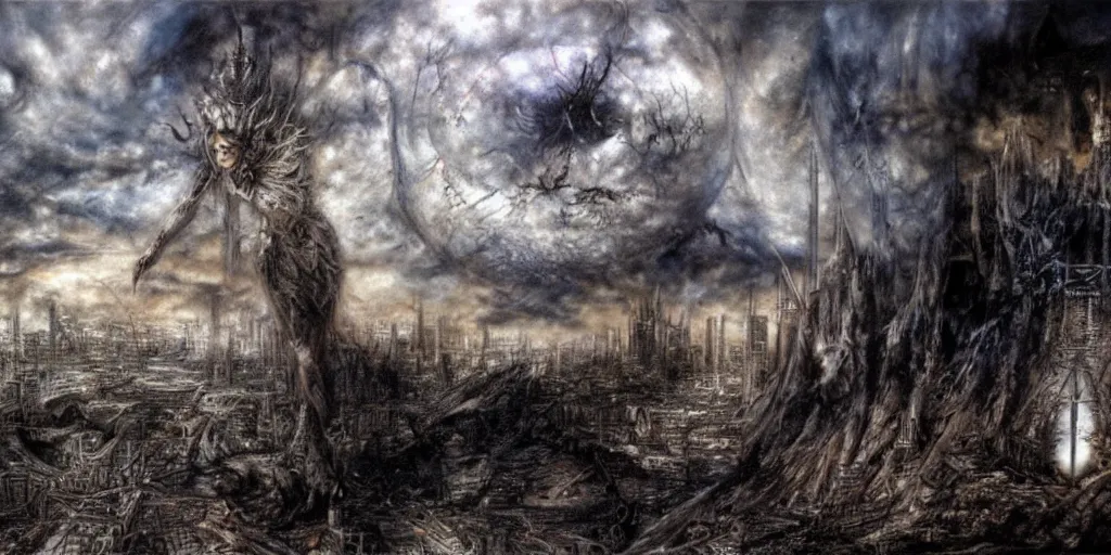 Prompt: the world collapsing on itself painted by luis royo