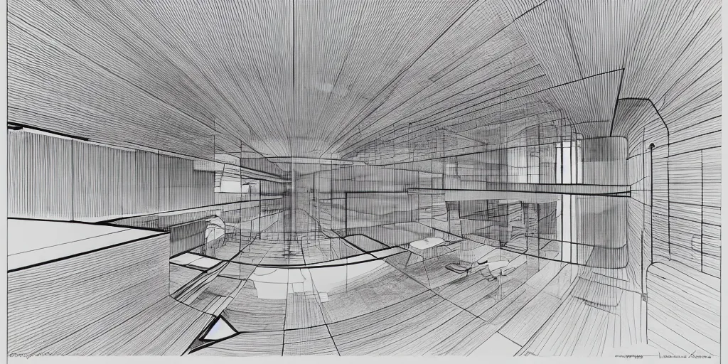 Image similar to modernist interior, seen from above, by René Laloux, line brush, line drawing