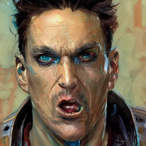 Prompt: a male cyberpunk criminal sneering, sci fi character portrait by Michael Garmash, Donato Giancola