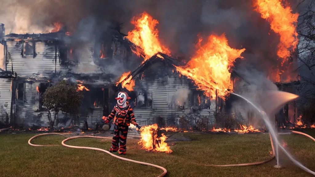 Image similar to photo of a clown using a flamethrower. In the background there is a house fire. award-winning, highly-detailed, 8K