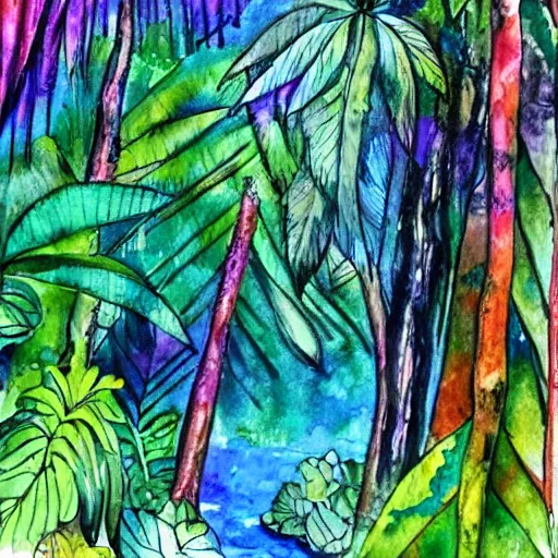 Prompt: a colorful rainforest, watercolors and ink, ,