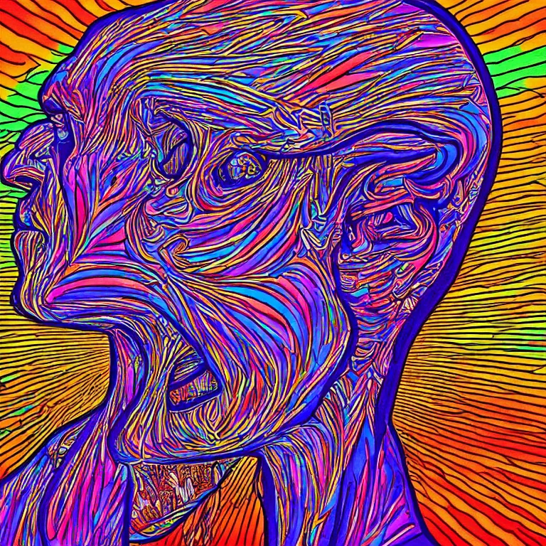 Image similar to rapping into microphone, epic angle, profile view, psychedelic hip hop, illustrated by Alex Grey