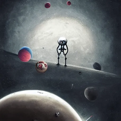 Prompt: michal karcz surrealism drawing of the end of an astronaut happy in the galaxy. , in the style of jack skellington, in the style of a clown, loony toons style, horror theme, detailed, elegant, intricate, 4k, Renaissance painting