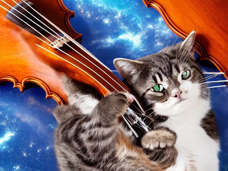 Prompt: photograph of a cat playing violin in space, high detail, hyper realistic, 8 k, award winning photograph, promo shot, sigma 8 5 mm f / 8