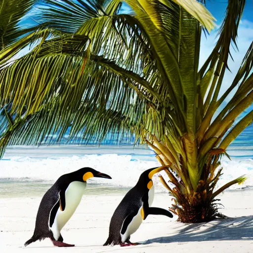 Image similar to photo of penguins on a tropical beach, palm trees, 50mm, beautiful photo