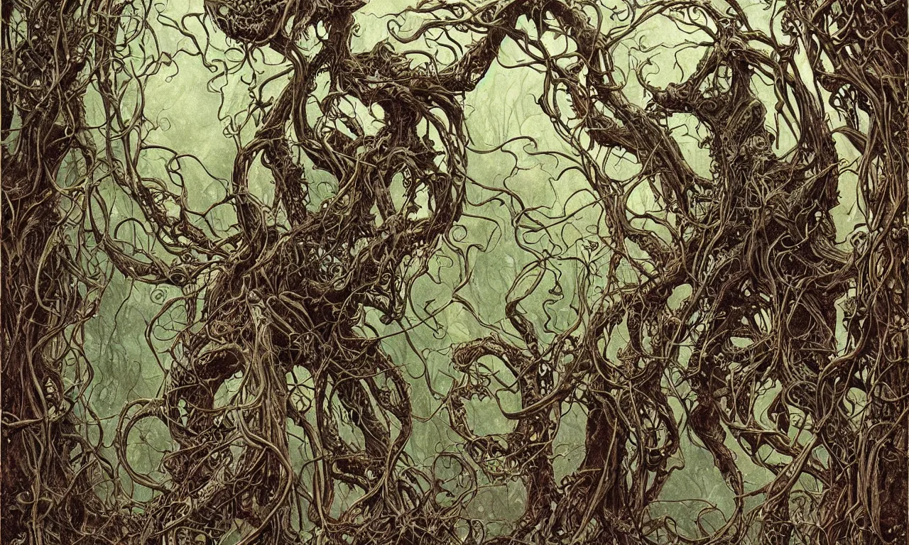 Image similar to hyperdetailed art nouveau portrait of treebeard as cthulhu, by michael whelan, simon bisley, and bill sienkiewicz, grim yet sparkling atmosphere, photorealism, night in the forest, thorns, vines, terror, wild, crazy, scary, horror, lynn varley, lovern kindzierski, steve oliff