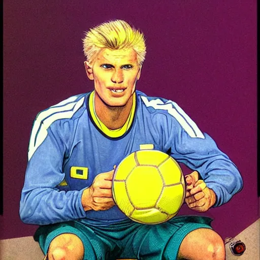 Prompt: a blonde man studying a soccer ball. happy, colorful Epic portrait by james gurney and mœbius.