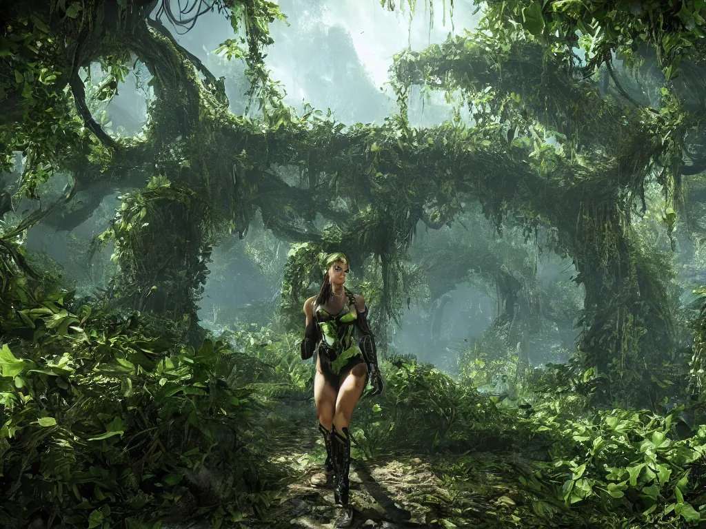 Image similar to gorgeous woman covered by vines in crysis 3, rendered in 8k with cryengine, ray-tracing, highly symmetrical and detailed