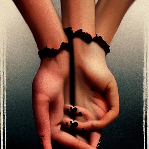 Image similar to Holding hands, vertical symmetry, close up shot, detailed hands, beautiful moody artwork by Greg Rutkowski and Asher Duran