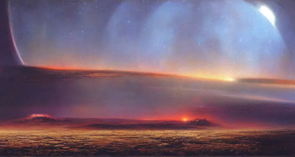 Image similar to masterpiece oil painting by the great famous sci - fi artist john harris.