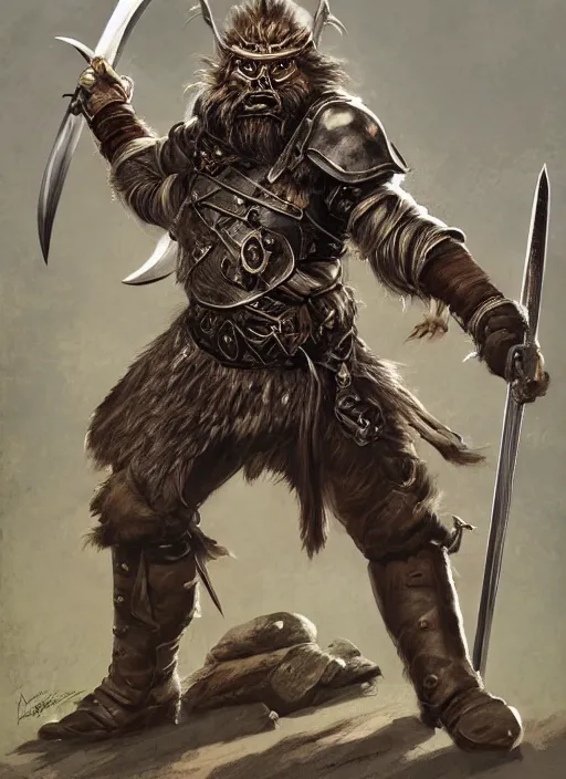 Image similar to strong young man, photorealistic bugbear ranger holding aflaming sword, black beard, dungeons and dragons, pathfinder, roleplaying game art, hunters gear, jeweled ornate leather and steel armour, concept art, character design on white background, by alan lee, norman rockwell, makoto shinkai, kim jung giu, poster art, game art