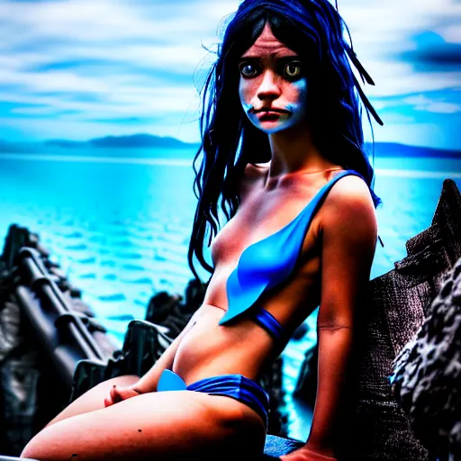 Image similar to a dnd Triton girl with blue skin and messy black hair wearing a black swimsuit sitting on the deck of a ship and holding an apple, a little blue-skinned girl with messy black hair sharp pointed ears freckles along the ridges of her cheeks, dnd triton, high resolution film still, 4k, HDR colors