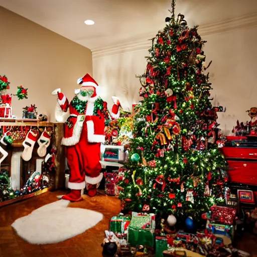 Prompt: Santa's workshop: filled with piles of toys: filled with Christmas decorations: has a massive decorated Christmas tree: is full of Christmas lights. Slow motion photography. AF-S NIKKOR 10-200mm F2.8G ED