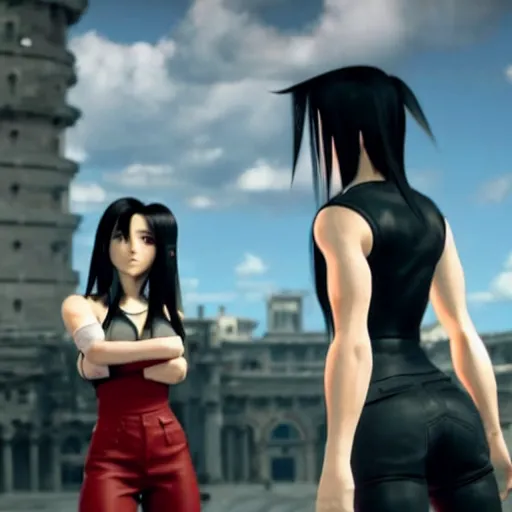 Image similar to Tifa Lockhart from Final Fantasy VII Remake looking at the Italian flag and chuckling to herself