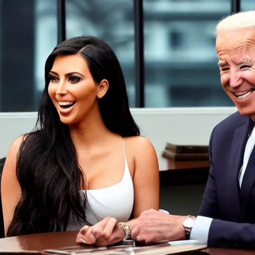 Image similar to stock photo of kim kardashian, and joe biden wearing suits and ties laughing in an office building, 8k resolution, full HD, cinematic lighting, award winning, anatomically correct