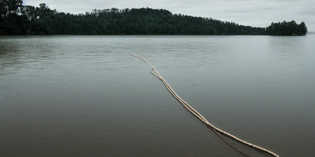 Prompt: centered photograph of a single line of big thick long rope floating on the surface stretching out to the center of the lake, a dark lake sandy shore on a cloudy day, color film, trees in the background, hyper - detailed color photo, anamorphic lens