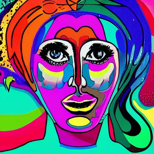 Prompt: a cool colourful psychedelic face in the style of an album cover