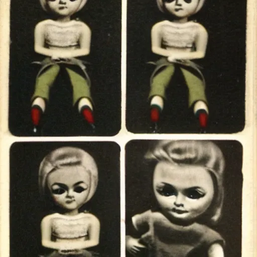 Prompt: 1 9 5 0 s, evil dolls jump scaring, doll phobia, horror, polaroid,