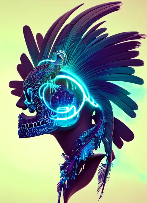 Image similar to 3 d goddess profile portrait, sigma 5 0 0 mm f / 5. beautiful intricate highly detailed quetzalcoatl skull and feathers. bioluminescent, plasma, lava, ice, water, wind, creature, thunderstorm! artwork by tooth wu and wlop and beeple and greg rutkowski, 8 k trending on artstation,