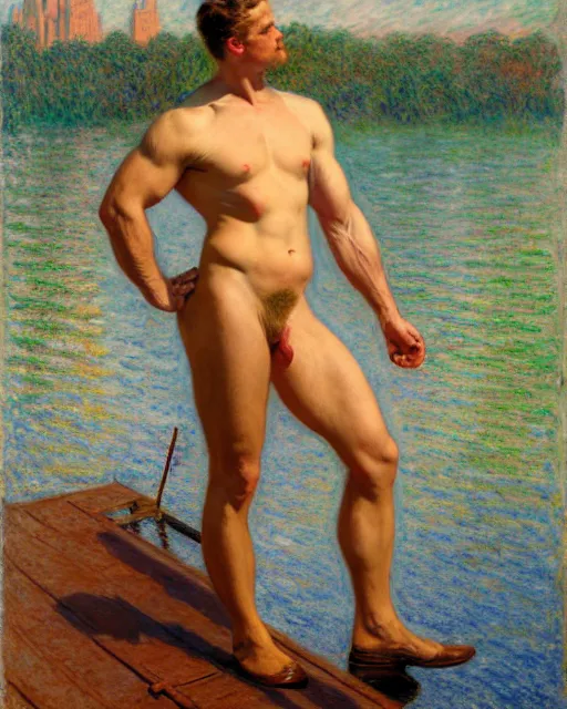 Image similar to muscular postman sitting on a dock on a lake, sunlight shining on his skin, reflective water, painting by tom of finland, gaston bussiere, craig mullins, j. c. leyendecker, claude monet