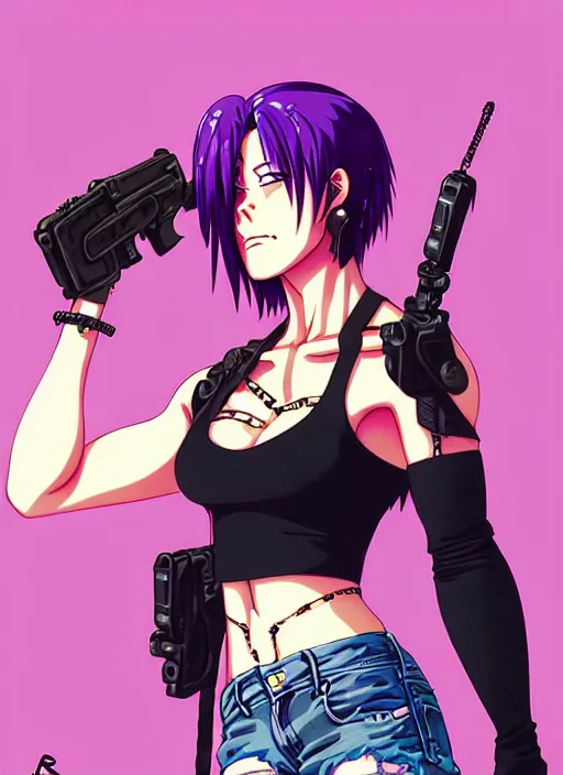 Prompt: revy black lagoon, purple hair, black tank top, jean shorts, tribal sleeve left arm, portrait shinkai makoto, studio ghibli, studio key, hideaki madhouse anime studio, artgerm, lau rossdraws james jean marc simonetti pixiv